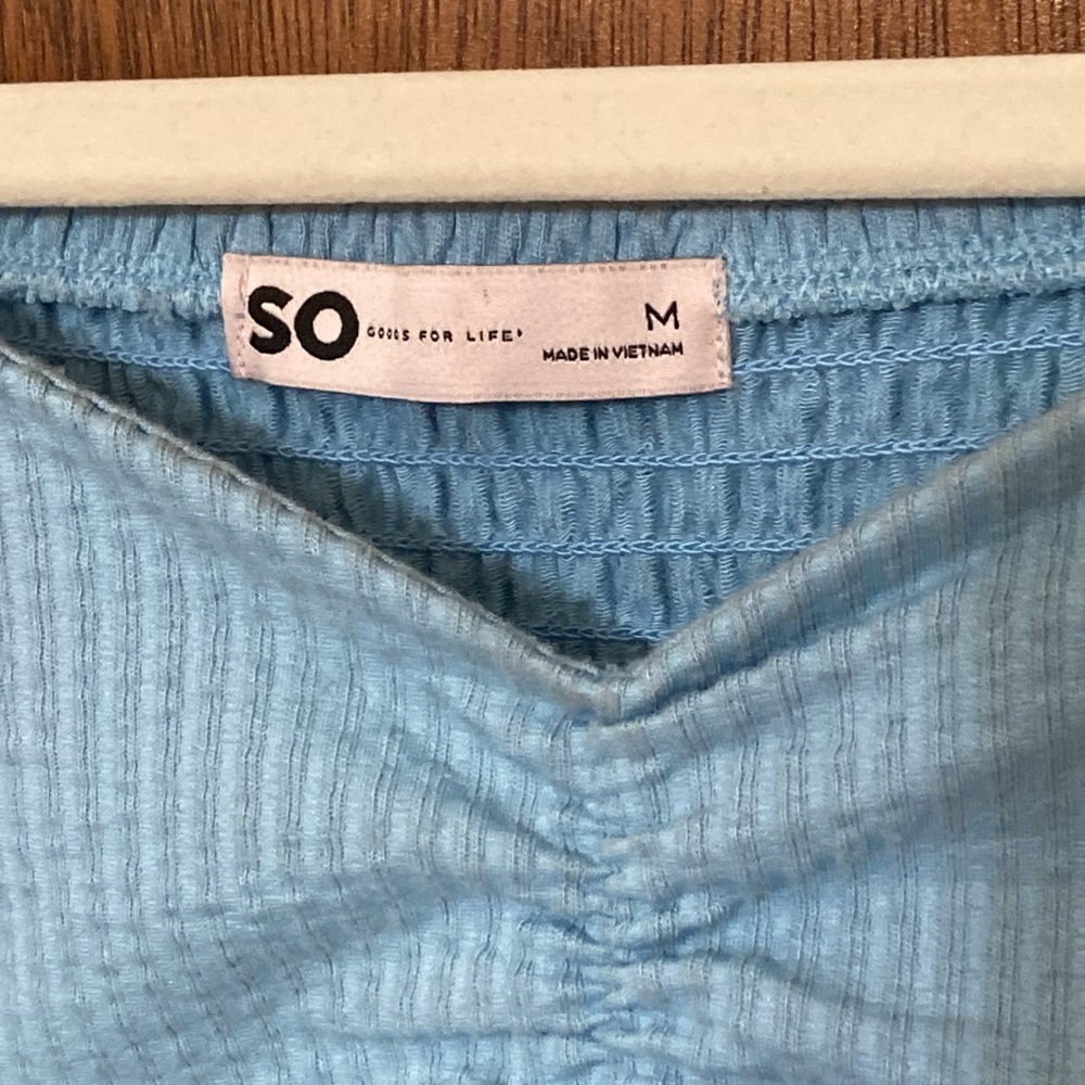 SO Blue Babydoll Ruffle Ribbed Top Juniors - Picture 4 of 4